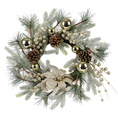 20 inch Christmas wreath with lights featuring pine cones gold ornaments and glittery poinsettia from FauxMart.com