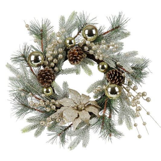 20 inch Christmas wreath with lights featuring pine cones gold ornaments and glittery poinsettia from FauxMart.com