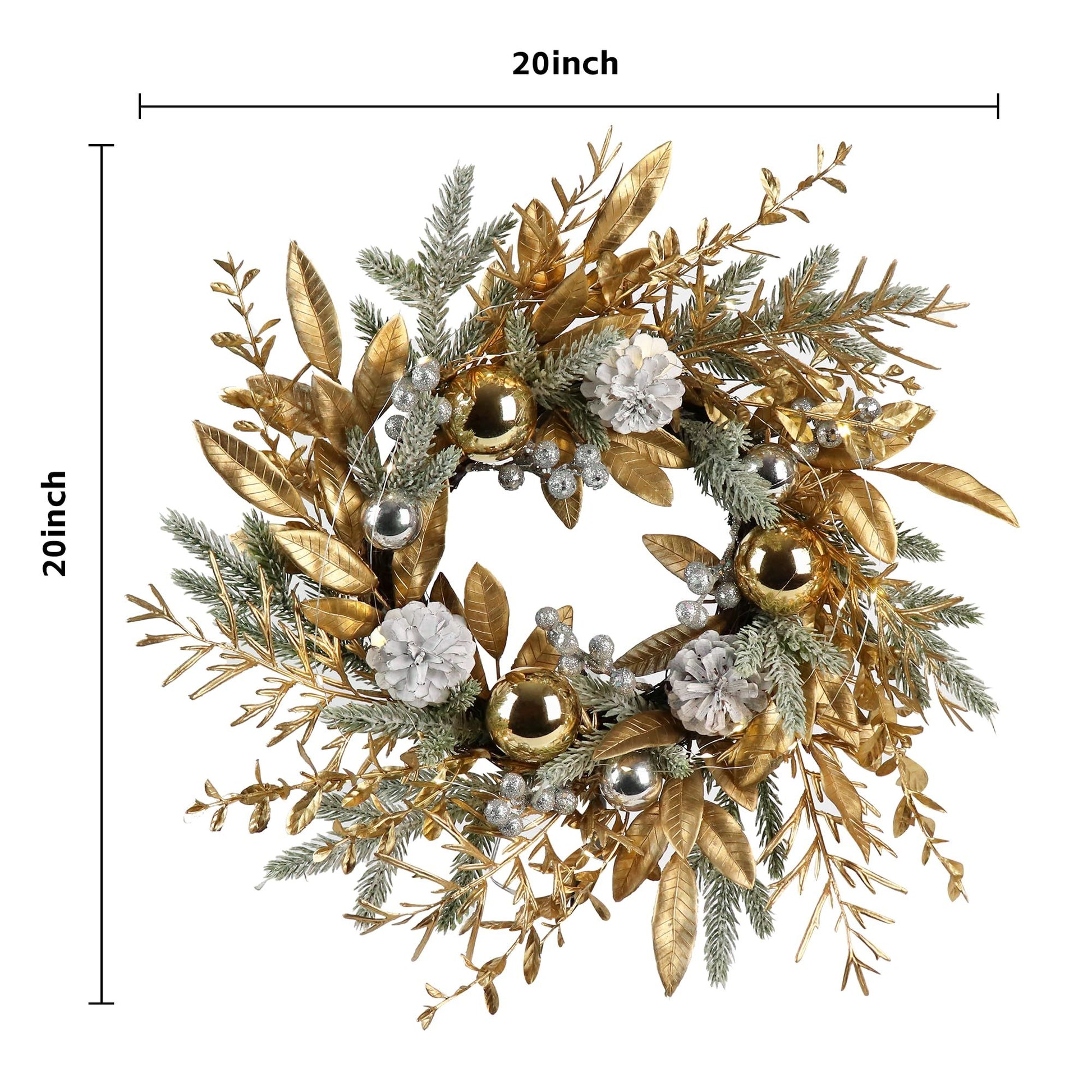20 inch Christmas wreath with lights featuring gold leaves, silver pinecones, and decorative ornaments