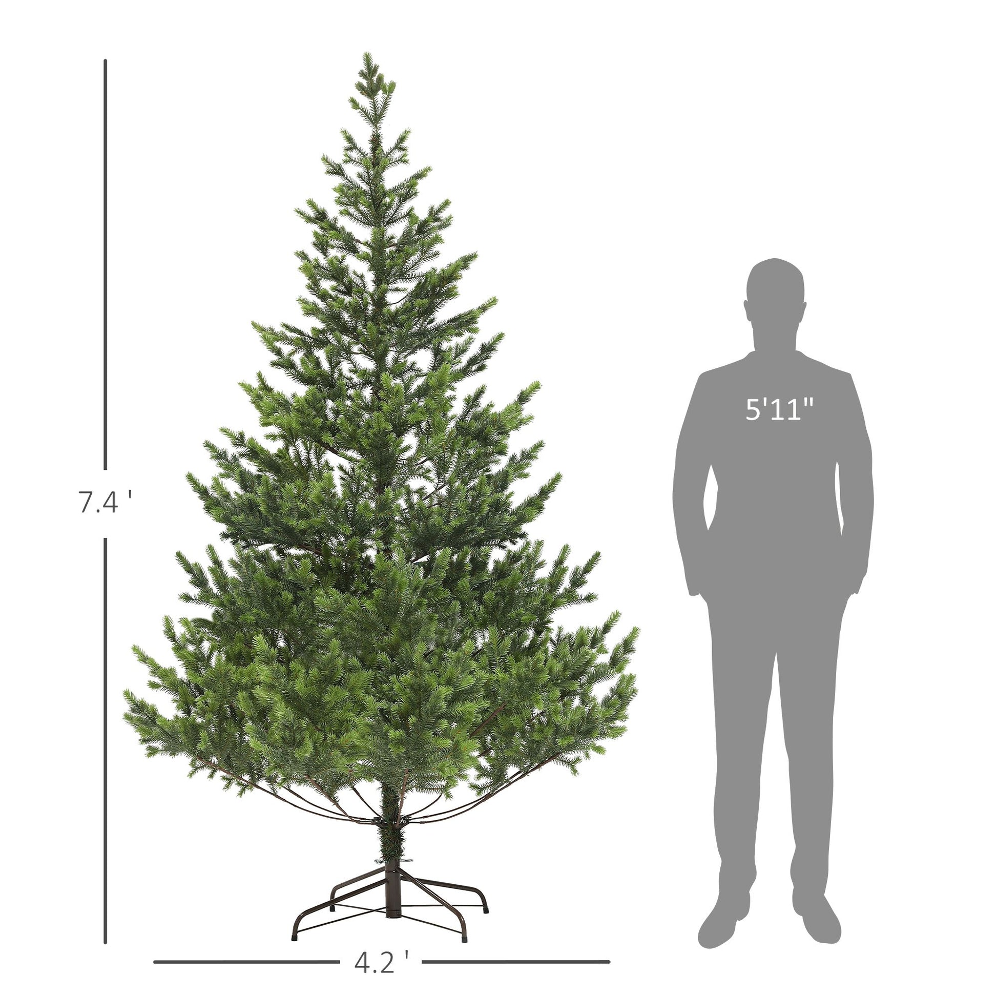 Sparse artificial Christmas tree standing 7.4 feet tall with a 4.2 feet width for festive holiday decor