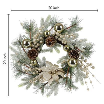 20 inch Christmas wreath with lights decorated with pine cones gold ornaments and snowy green pine needles
