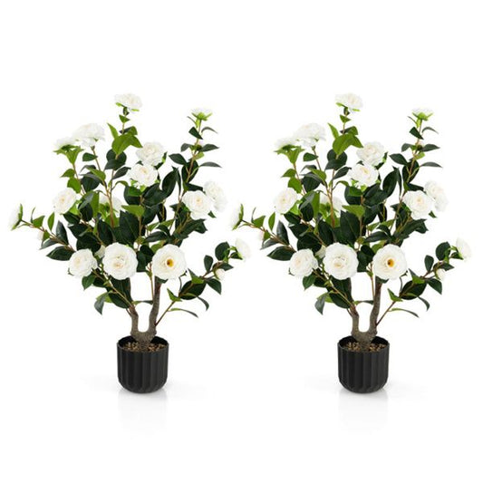 Set of two faux camellia trees in decorative pots with lush green leaves and white flowers