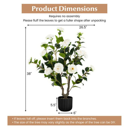 Faux camellia trees in a black pot, measuring 38 inches tall with white flowers for home decor