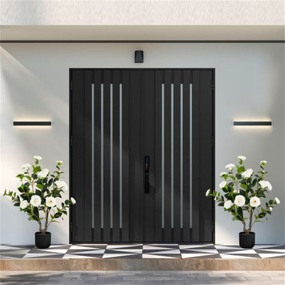 Elegant faux camellia trees in black pots flanking a modern entrance door