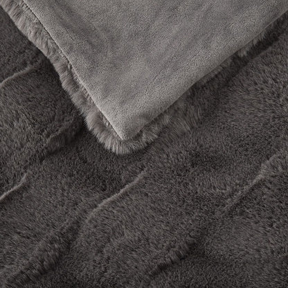 Close-up of a soft gray faux fur throw blanket showing its plush texture and smooth backing