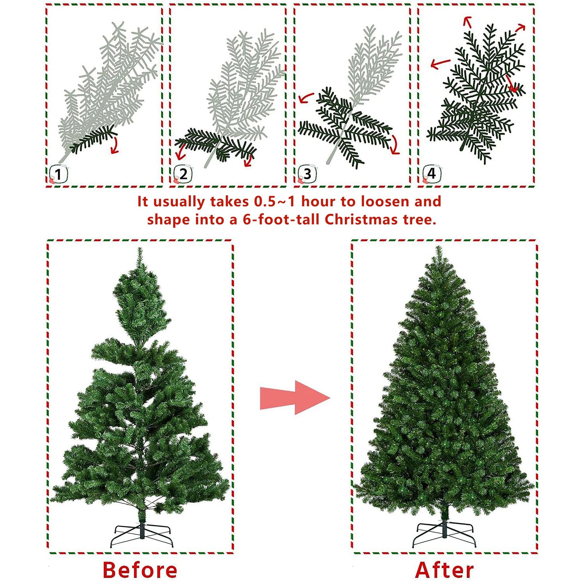 Faux pine Christmas tree 6FT displayed before and after shaping for a full holiday look