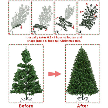 Faux pine Christmas tree 6FT displayed before and after shaping for a full holiday look