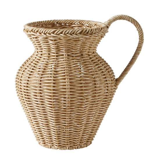 Faux wood rattan pitcher vase in natural finish, perfect for home decor and floral arrangements