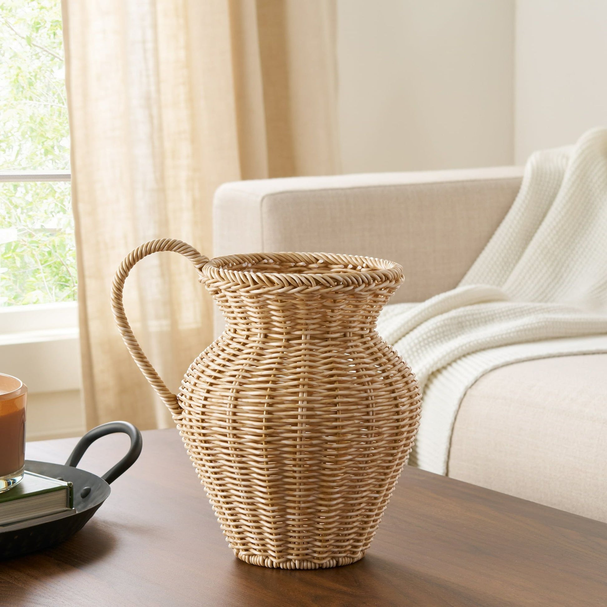 Faux wood rattan pitcher vase with a woven design, perfect for home decor and floral arrangements