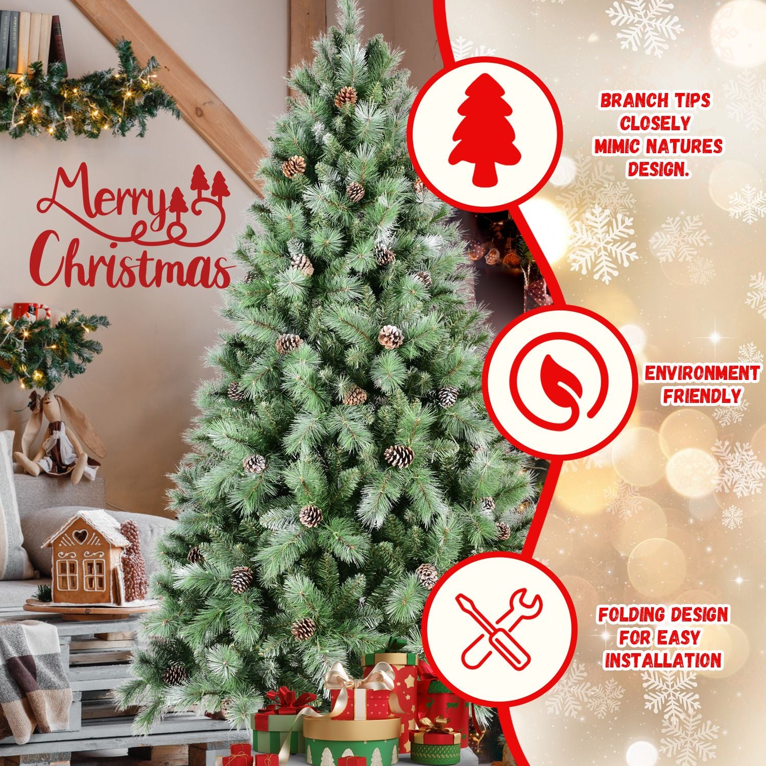 Frosted artificial Christmas tree with pinecones in cozy living room decorated for the holidays