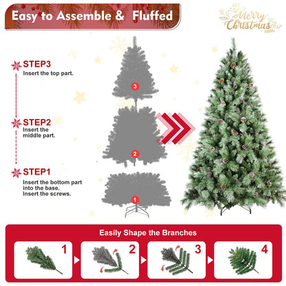 Step-by-step assembly guide for frosted artificial Christmas tree with easy branch shaping instructions