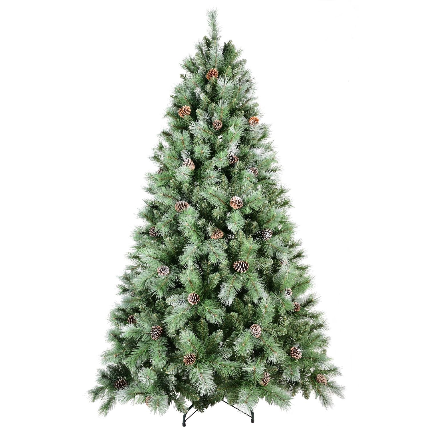 Frosted artificial Christmas tree with pine cones and lush green branches from FauxMart.com