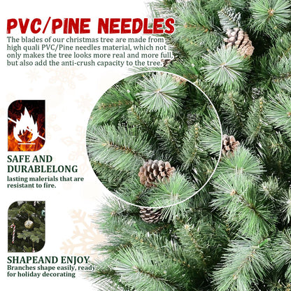 Close-up of frosted artificial Christmas tree branches with PVC pine needles and pine cones from FauxMart.com