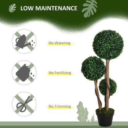 Artificial boxwood topiary tree with three green foliage balls in black pot low maintenance no watering fertilizing or trimming