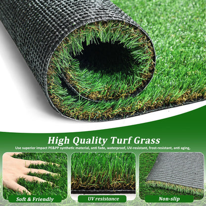 Rolled outdoor artificial grass runner rug showing green synthetic turf with soft texture and non-slip backing