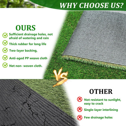 Comparison of outdoor artificial grass runner rug with two-layer backing and drainage holes to low-quality cracked rug