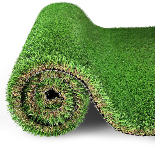 Rolled outdoor artificial grass runner rug with natural green blades for outdoor use
