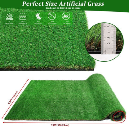 Outdoor artificial grass runner rug measuring 13 feet by 6.8 feet with UV resistance and pet friendly features