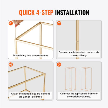 Quick installation guide for gold geometric flower stands with four easy steps and assembly instructions