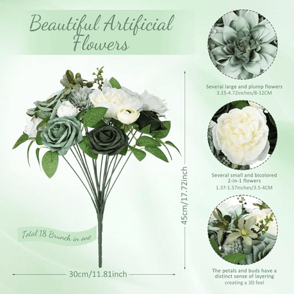 Artificial flower arrangement featuring green and white flowers with realistic leaves on stems
