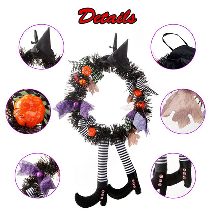 Halloween witch wreath with black witch hat orange pumpkins striped legs and decorative bows