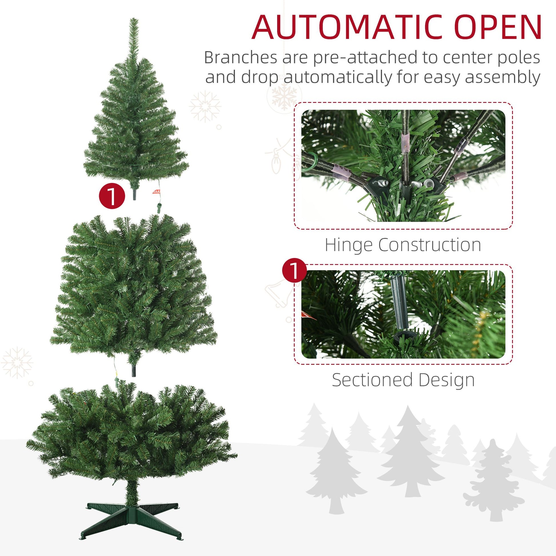 Automatic open holiday decor LED Christmas tree with pre-attached branches and easy assembly