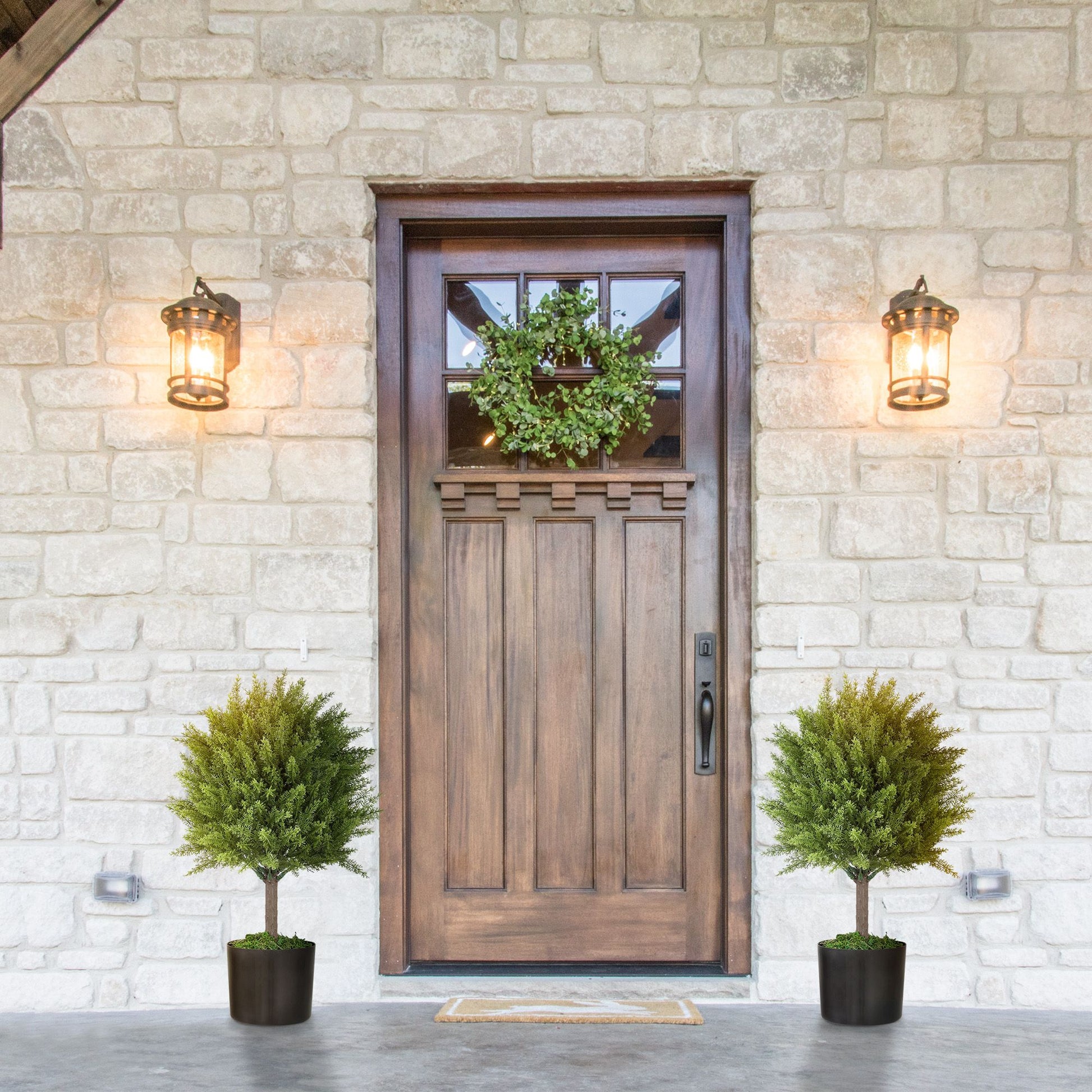 Two green indoor outdoor fake plants in black pots flanking a wooden door with a wreath and wall lanterns