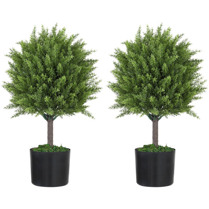 Two artificial indoor outdoor fake plants in black pots with dense green foliage from FauxMart.com