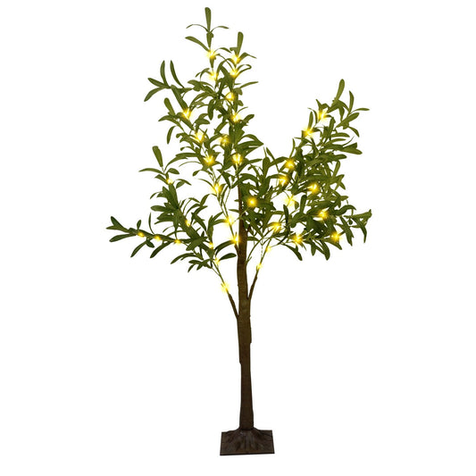 FauxMart.com LED olive tree decor with green leaves and warm white lights on a brown trunk