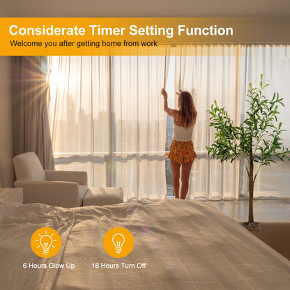LED olive tree decor in bedroom near window with natural sunlight and timer setting function
