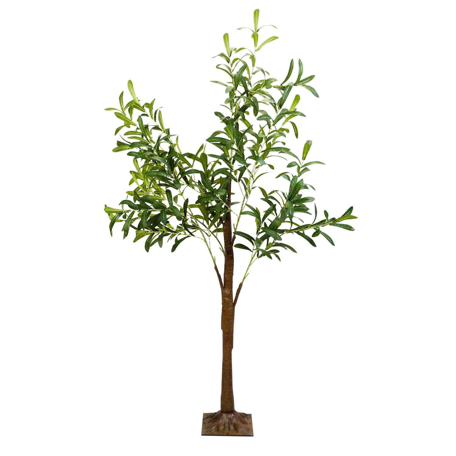 LED olive tree decor with realistic green leaves and brown trunk on a square base