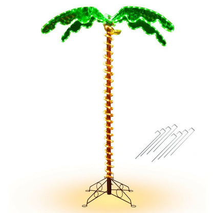 FauxMart.com LED palm tree decor with green illuminated leaves and golden trunk on metal stand