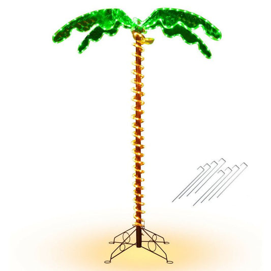 FauxMart.com LED palm tree decor with green illuminated leaves and golden trunk on metal stand