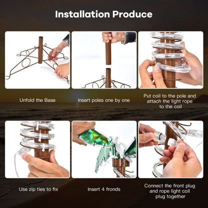 Step-by-step installation process for LED palm tree decor with base unfolding, pole insertion, coil attachment, zip ties, fronds, and light plug connection