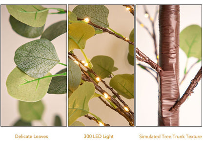 Close-up details of lighted artificial olive tree showing delicate leaves 300 LED lights and textured tree trunk
