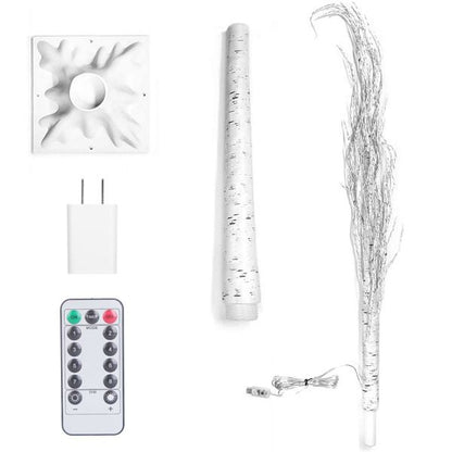 Lighted birch tree decor with remote control, white base, plug adapter, and detachable branches