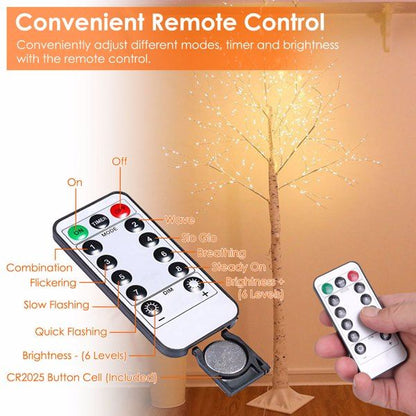 Lighted birch tree decor with remote control showing adjustable modes and brightness levels