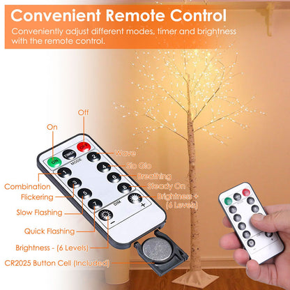 Remote control for lighted birch tree decoration with various mode adjustments and brightness settings