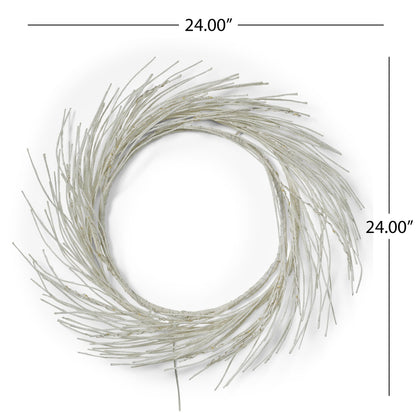 24 inch FauxMart lighted paper wreath with white branches and subtle glitter accents