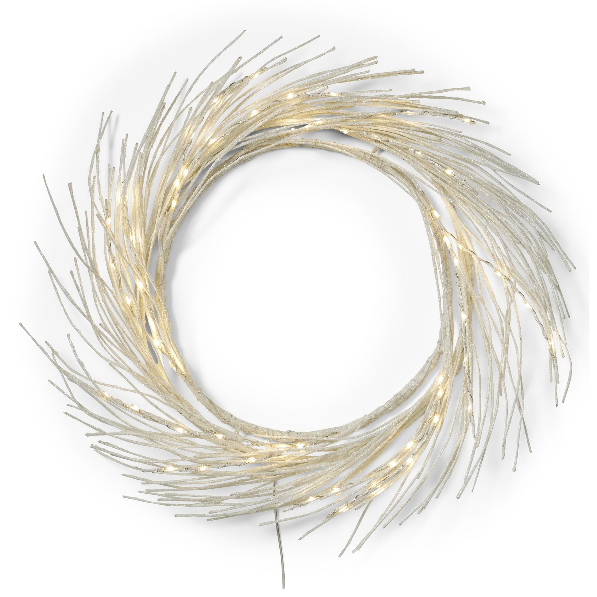 FauxMart.com lighted paper wreath with white twigs and warm white LED lights for home decor