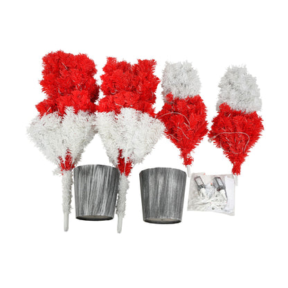 Lighted Santa hat Christmas tree decoration set with red and white branches and two gray pots