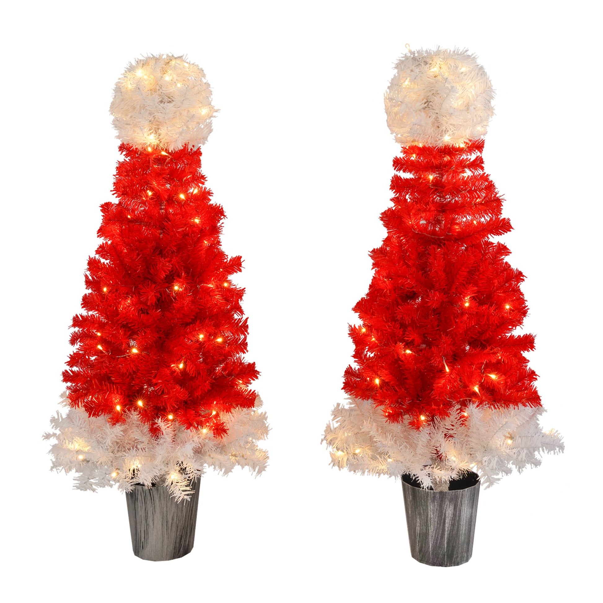 Red and white lighted santa hat christmas tree with warm white lights in a black pot