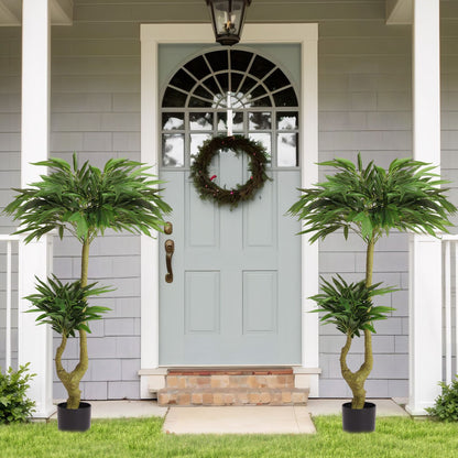 Two long artificial plants for indoors placed by a welcoming entrance with a decorative wreath