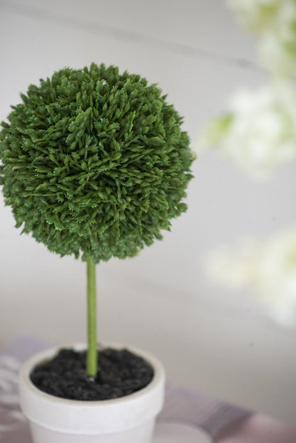 Mini faux topiary set featuring a green spherical plant in a white pot for home decor