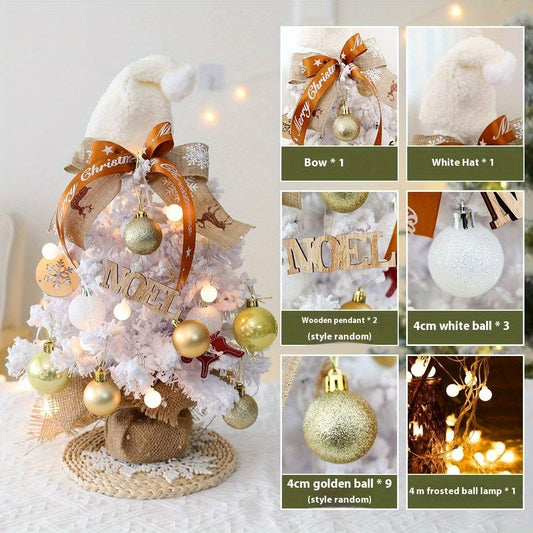 Decorative mini table top Christmas tree with lights, ornaments, and festive accents for holiday decor