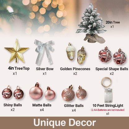 FauxMart mini tabletop Christmas tree with lights and decorative ornaments including star treetop, bows, pinecones, balls, and string lights