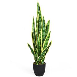 Artificial snake plant decor in black pot with tall green and yellow variegated leaves