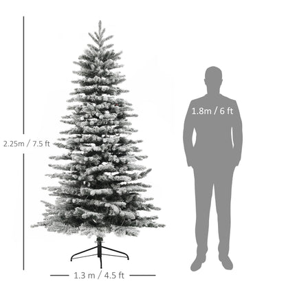 Mountain pine artificial Christmas tree 7.5 feet tall with snowy branches beside 6 feet human silhouette