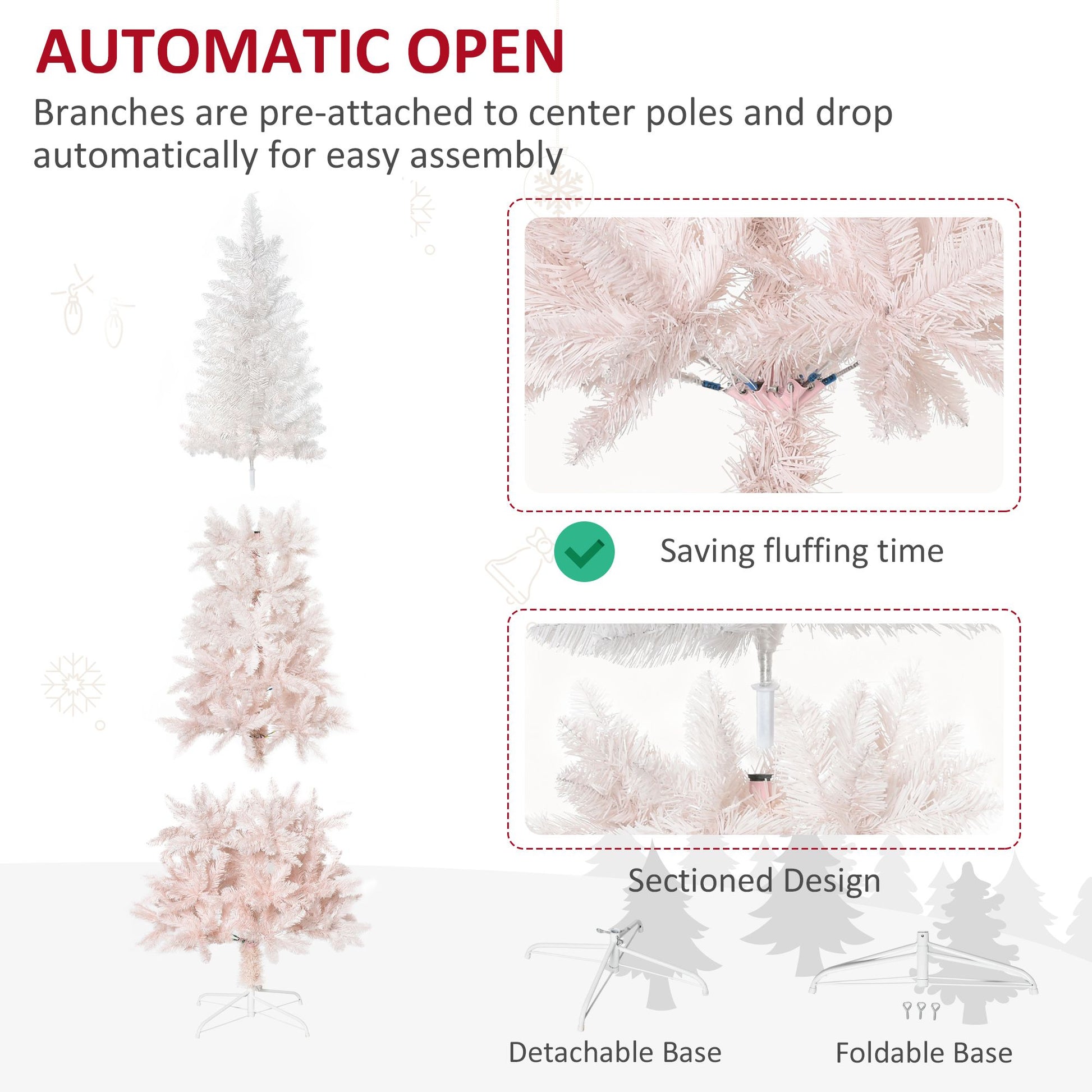 Pink and white artificial Christmas tree with automatic open branches and detachable foldable base