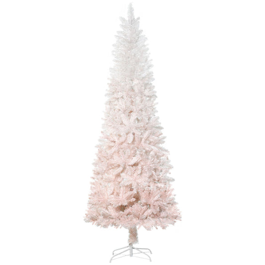 Pink and white artificial Christmas tree with full branches on metal stand